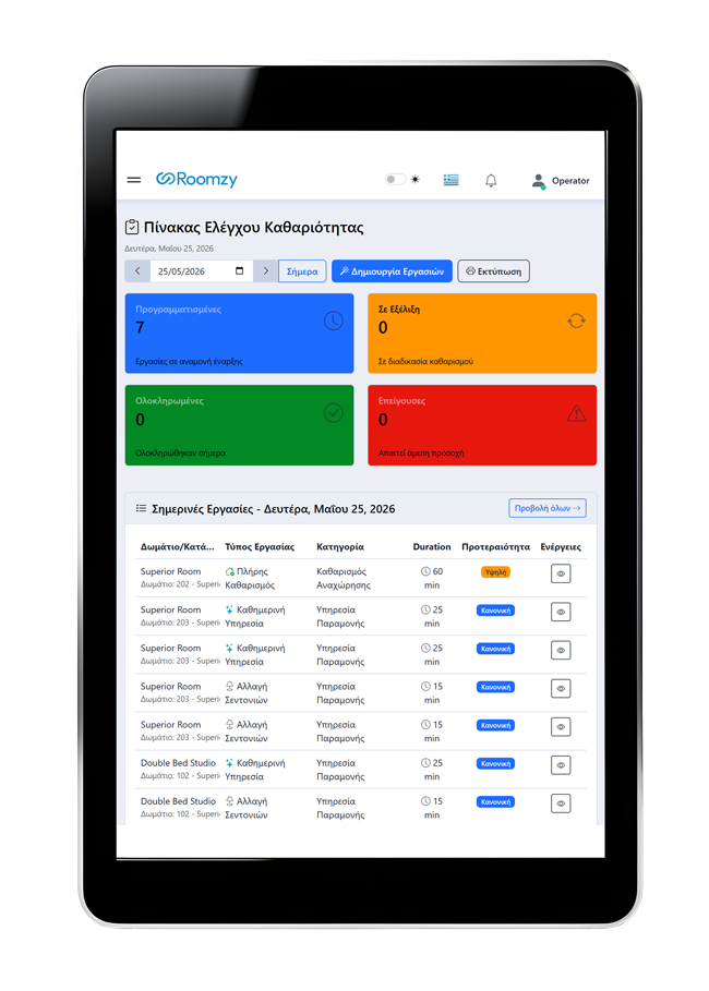 Roomzy Πίνακας Ελέγχου Καθαριότητας