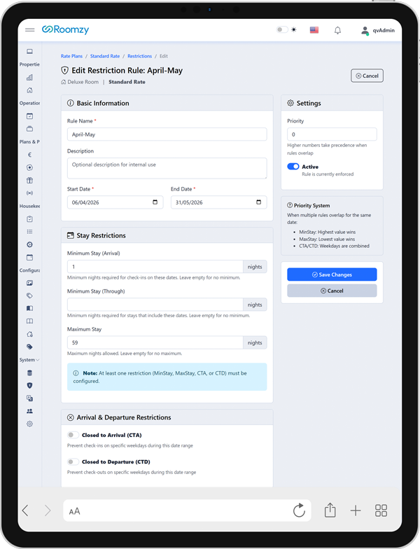 Roomzy Rate Plan Restrictions